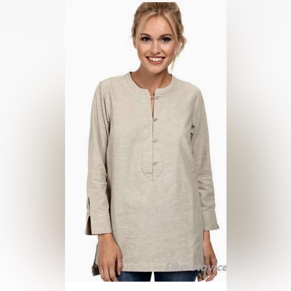 Exofficio-2X-Tan-linen blend, lagenlook, travel, pull over, buttons, Tunic Top.